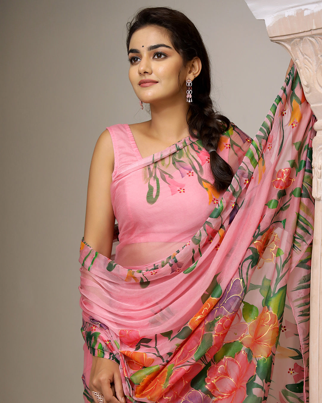 Hand Painted Chiffon Saree | Pastel Pink Floral for Daytime & Celebrations