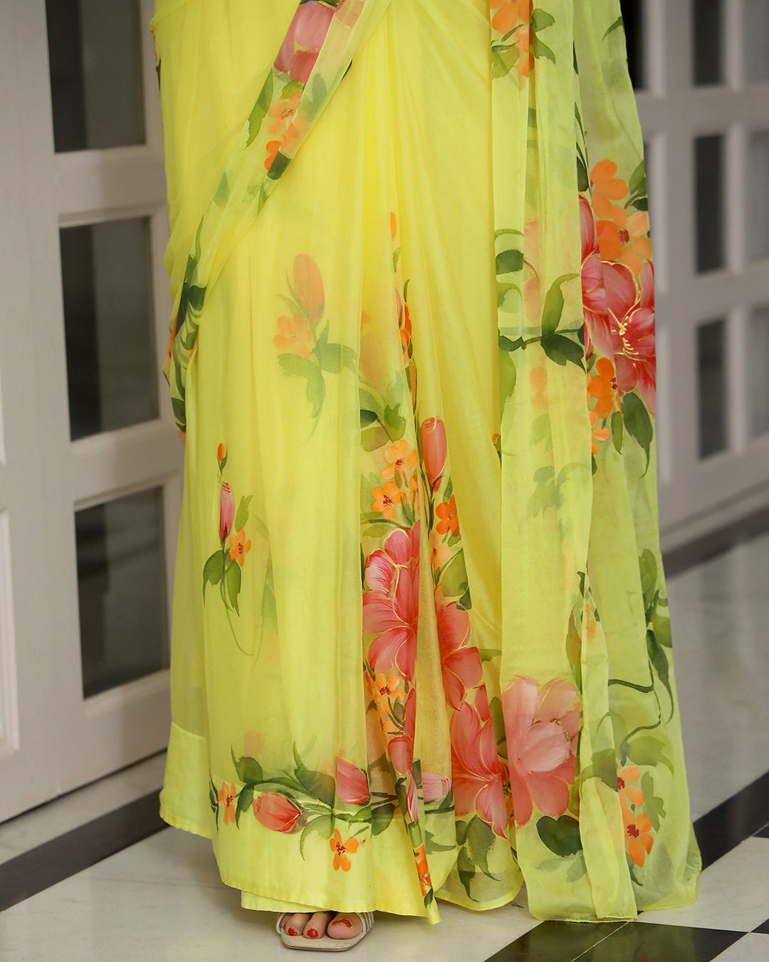 Hand Painted Chiffon Saree | Lemon Yellow Floral for Summer & Festive Wear