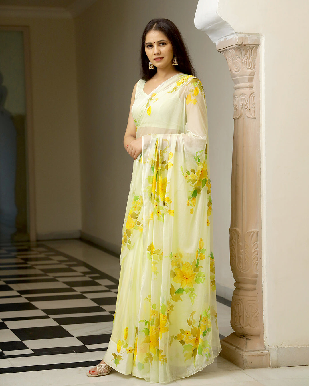 Hand Painted Chiffon Saree | Butter Yellow Floral for Daytime & Festive Wear