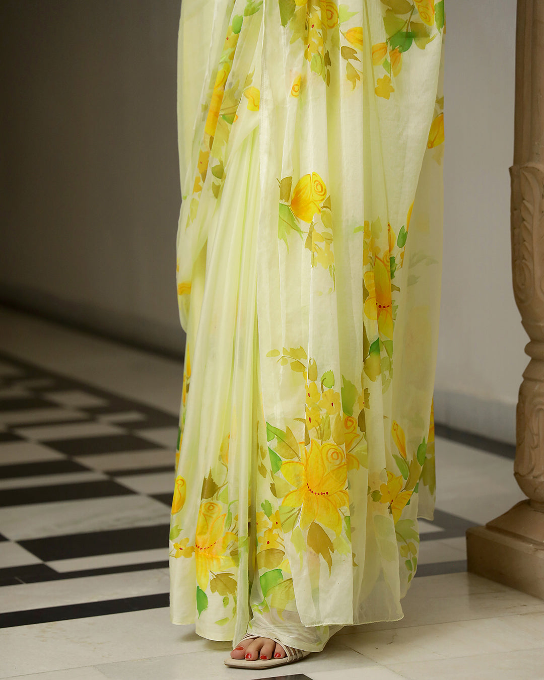 Hand Painted Chiffon Saree | Butter Yellow Floral for Daytime & Festive Wear