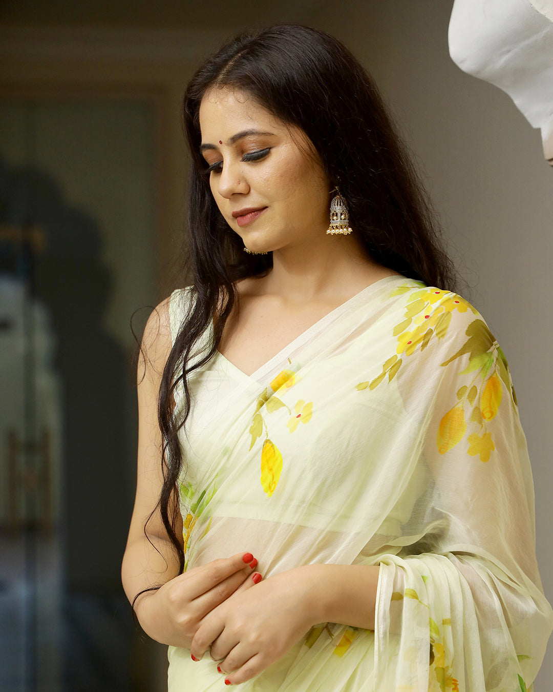Hand Painted Chiffon Saree | Butter Yellow Floral for Daytime & Festive Wear