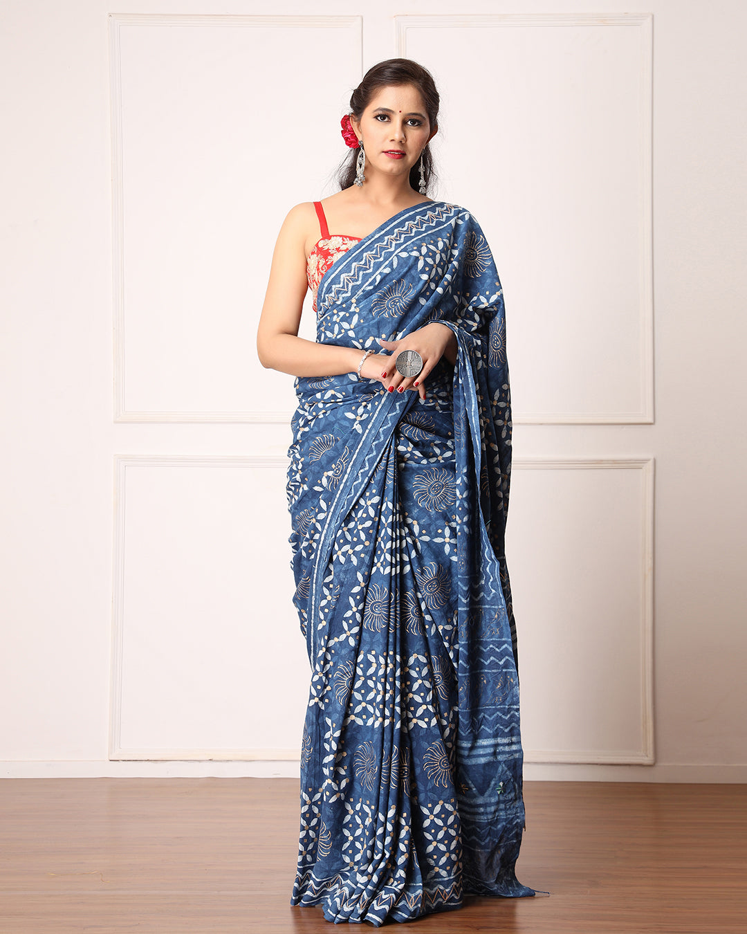Dabu Print Mulmul Saree | Indigo White Hand Block for Daily Wear & Casual Events