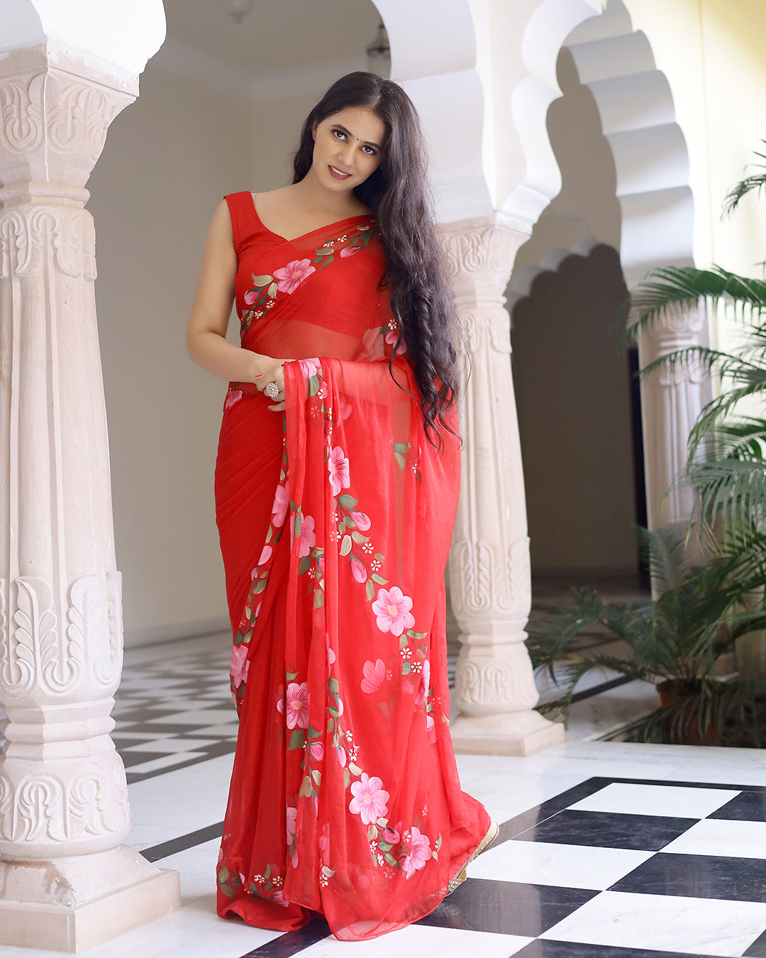 Hand Painted Chiffon Saree | Hot Red Floral for Festive & Party Wear
