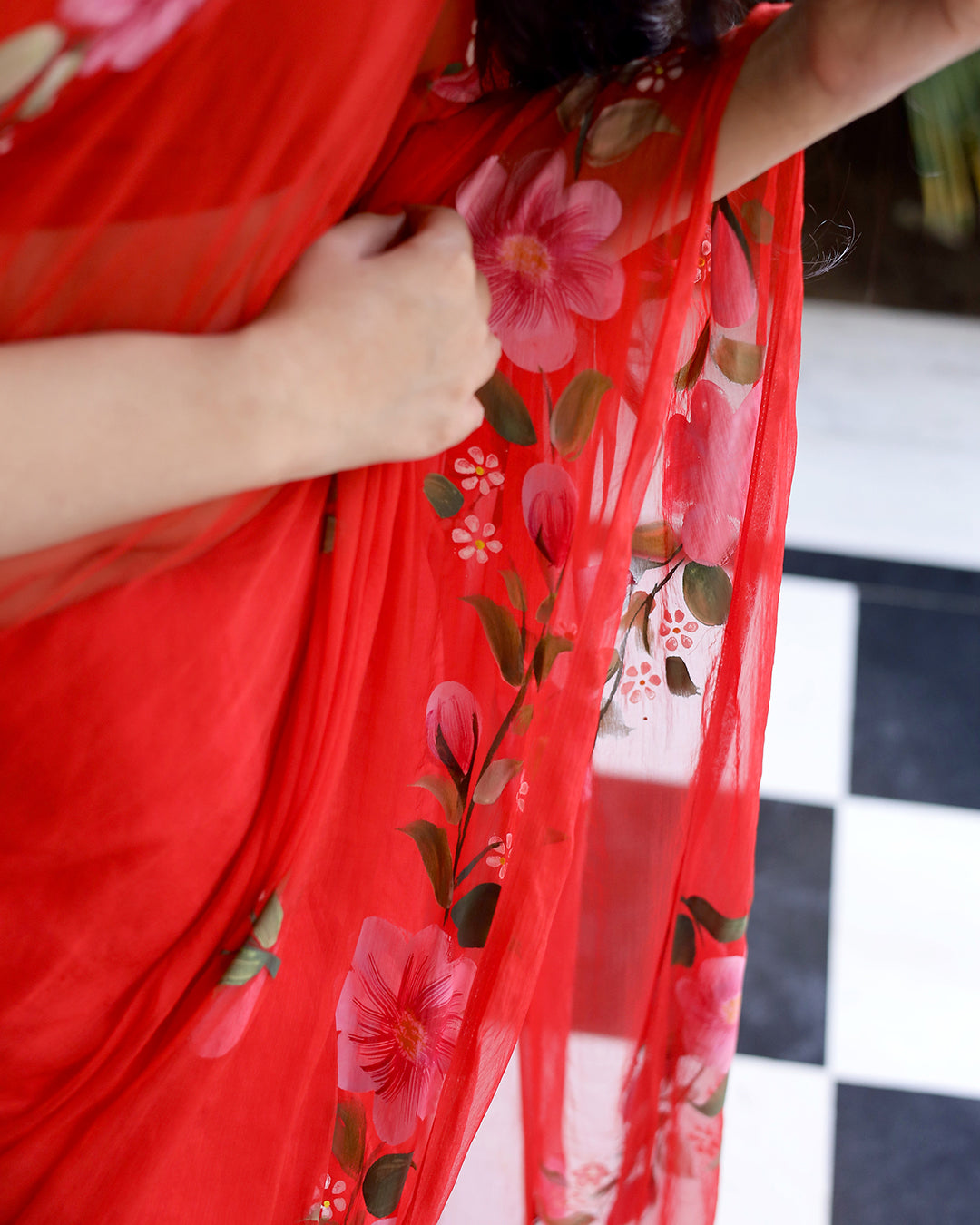 Hand Painted Chiffon Saree | Hot Red Floral for Festive & Party Wear