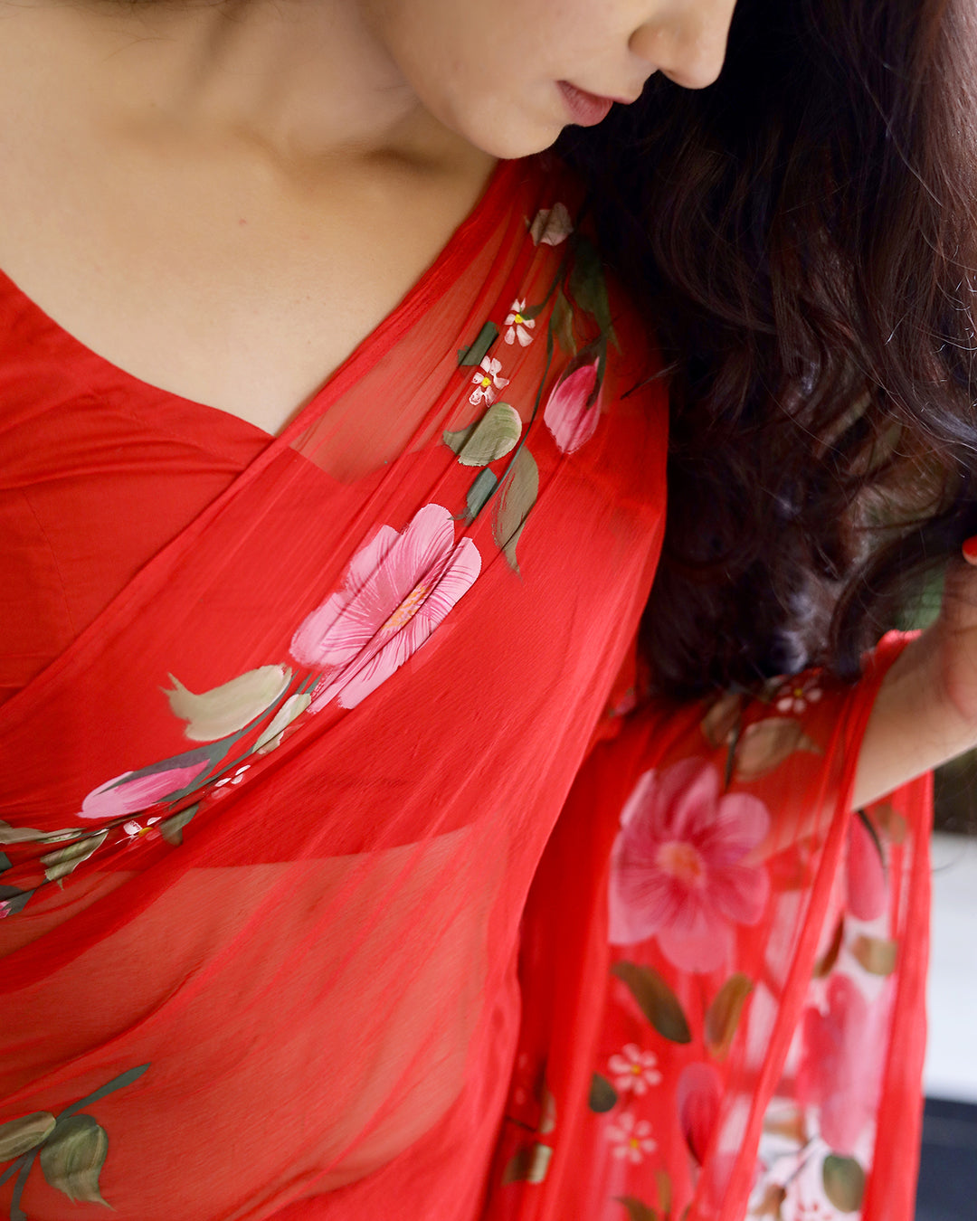 Hand Painted Chiffon Saree | Hot Red Floral for Festive & Party Wear