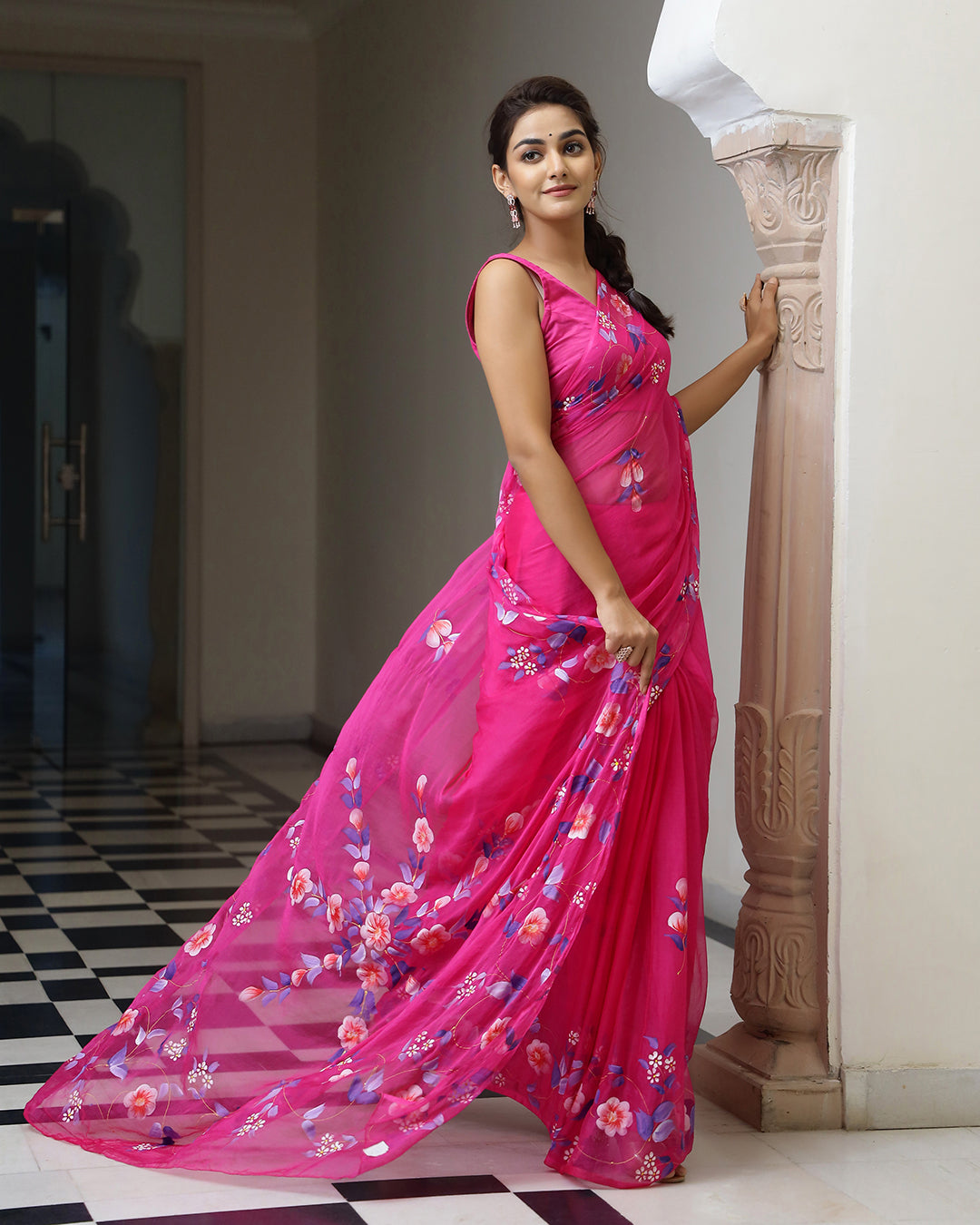 Hand Painted Chiffon Saree | Magenta Floral for Functions & Day Outings