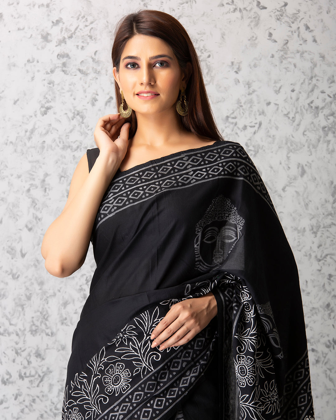 Handblock Print Mulmul Saree | Black Buddha Paisley for Work & Casual Outings